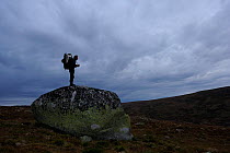 Photographer, Vincent Munier, standing on large rock, Forollhogna National Park, Norway, September 2008