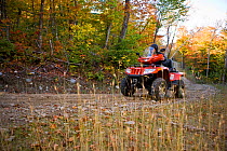 A man riding his All Terrain Vehicle along a forest track, Jericho Mountain State Park, White Mountains, Berlin, New Hampshire, USA. September 2009
