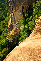 A man rock climbing near the top of Cathedral Ledge. Echo Lake State Park, White Mountains, in North Conway, New Hampshire, USA. October 2009