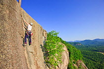 A woman leads a climb of "Top of the Prow" rock on Cathedral Ledge. Echo Lake State Park, White Mountains, in North Conway, New Hampshire, USA. October 2009