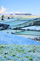 Frozen, snow-dusted pastureland, arable fields, farmhouses and row of trees on Frozen Hill, near Bath, Somerset, UK, winter. December 2009
