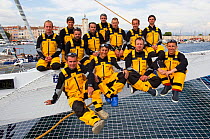 Crew aboard maxi trimaran "Banque Populaire V", skippered by Pascal Bidegorry, before their departure from Marseille for their Mediterranean record attempt. May 2010. Editorial use only.