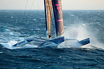 Maxi trimaran "Banque Populaire V", skippered by Pascal Bidegorry, departing Marseille for their Mediterranean record attempt, May 2010. They set a new record of 14 hours 20 minutes and 34 seconds fro...
