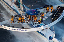 Maxi trimaran "Banque Populaire V", skippered by Pascal Bidegorry, departing Marseille for their Mediterranean record attempt, May 2010. They set a new record of 14 hours 20 minutes and 34 seconds fro...
