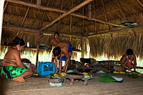 Embra Indian women preparing a traditional meal,  Soberania NP, rainforest, Panama, November 2008