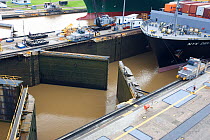 A cargo ship entering the Panama canal, Panama, November 2008