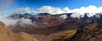 Panoramic view from Kalahaku Overlook across Haleakala Crater, Haleakala National Park, Maui's dormant volcano, Hawaii. (Eight vertical images were stitched together in Photoshop to make this large fi...