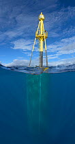 Large wave-energy buoy off Kaneoho Bay, Oahu. The 40-kW experimental buoy employs the bobbing motion of the buoy to drive an electrical generator, that sends power to the island via underwater cable,...