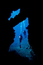 Divers with lights at the enterance to First Cathedral off the Island of Lanai, Hawaii. Model released.