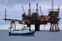 Fishing vessel "Ocean Harvest" operating close to the "Beryl Alpha" production platform, 160 miles Northeast of Aberdeen, in the North Sea. March 2010.