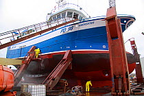 Fishing vessel "Harvester" on slipway for repair work, Skagen, Denmark. March 2010, Property released.