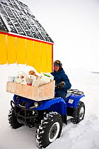 Bringing home groceries on quadbike,village of Ittoqqortoormiit, Scoresbysund, North East Greenland. March 2009.