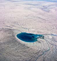 Aerial view of Meltwater lake, Greenland. August 2008.