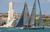 "Artemis" and "Bigamist" arriving in Lisbon, sailing past the Monument to the Discoveries. Audi Med Cup offshore race, Cascais to Lisbon, Portugal, May 2010.