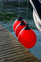 Three red fenders hung off the bow of passenger ferry "Voyager of St. Martin's", Lower Town Quay, St. Martin's, Isles of Scilly, UK