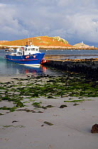 Passenger Ferry "Voyager of St. Martin's" arriving at Lower Town Quay in the early morning. St. Martin's, Isles of Scilly, UK, September