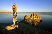 Shaman rocks and Buriat religious symbol, Olhkon Island Baikal lake, Siberia, Rusia, June 2000