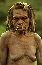 Portrait of  elderly Yali woman with nose adornment made of cassowary bone. West Papua, former Irian-Jaya, Indonesia, August 2002 (West Papua).