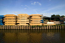 Timber being stacked for transport beside canal created during the Industrial Revolution, Severn Estuary. Gloucestershire, England, UK. September 2009