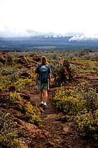 Hiker on the Mauna Loa trail in Hawai'i Volcanoes National Park.The Big Island of Hawaii, USA, December 2008, model released