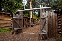 A replica of the fort in Fort Clatsop built by the Corps of Discovery to winter over along the Oregon Coast. Oregon, USA, November 2009
