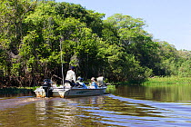Tourists in boat scouting for wildlife, Pantanal, Brazil, model released