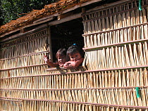Children in a house made of Babassu straw (Orbygnia phalerata) in the Amazon Upland Rainforest in Ayapua community, Piagacu-Purus Sustainable Development Reserve, Ayapua Lake of Purus River, Amazona...