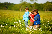 Father and his two children birdwatching in a hay field on a farm in Ipswich, Massachusetts, USA, May 2009. Model released.