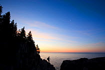 Lone hiker at sunrise on the Bold Coast trail in Cutler, Maine, USA, June 2009. Model released