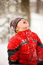 Young boy catching snowflakes in his mouth during a snowstorm in Portsmouth, New Hampshire, USA, January 2009. Model released.