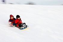 Young boys sledding at Wagon Hill Farm in Durham, New Hampshire, USA, January 2009. Model released.