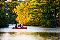 Family canoeing on Pawtuckaway Lake, Pawtuckaway State Park, New Hampshire, USA, September 2008. Model released.