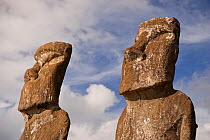 Close up of two stone sculptures / Moai at Ahu Ahivi/Ahu Akivi , Easter Island, South PacificMoai  October 2009