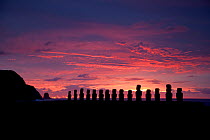Silhouette of stone sculptures / Moai at Tahai at sunset, Easter Island, South Pacific, October 2009
