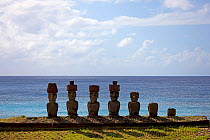 Stone figurative sculptures / Moai of Ahu Nau Nau sacred site at Anankena beach, Easter Island, South Pacific, October 2009