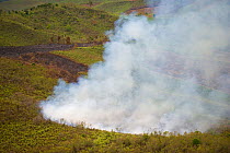 Aerial view of fire burning rainforest to clear land for agricultural use, near Andasibe Mantadia National Park, Madagascar. November 2008