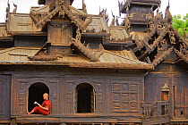 Buddhist monk reading inside teakwood monastery. Bagan, Mandalay State, Myanmar (Burma). September 2009