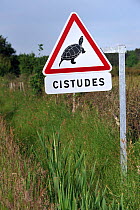Traffic warning sign for crossing European pond  turtle (Emys orbicularis) La Brenne, France