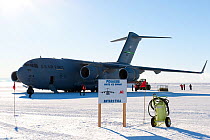 US Military aeroplane, C17 Globemaster, parked on the Pegasus White Ice Runway, McMurdo Sound, Ross Sea, Antarctica, November 2008