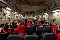 BBC expedition team inside aeroplane, flying to McMurdo Sound, Antarctica, November 2008