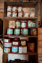 Food supplies (meat) in interior of Shackleton's Nimrod Hut, frozen in time from the British Antarctic Expedition 1907, Cape Royds, McMurdo Sound, Antarctica, November 2008
