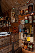 Food supplies in wooden packing cases in interior of Shackleton's Nimrod Hut, frozen in time from the British Antarctic Expedition 1907, Cape Royds, McMurdo Sound, Antarctica, November 2008