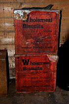 Food supplies (wholemeal biscuits) in interior of Shackleton's Nimrod Hut, frozen in time from the British Antarctic Expedition 1907, Cape Royds, McMurdo Sound, Antarctica, November 2008