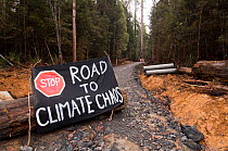 Conservationists protest  sign "Stop Road to Climate Chaos" against the felling of old growth trees in Tasmania's pristine Florentine, southwest Tasmania, Australia March 2007