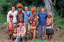 Film crew with Huli people in Papua New Guinea during the filming of 'Jungles' for the BBC NHU Planet Earth series. Huw Cordey, Jeff Wilson, Tom Clarke and Paul Stewart. August 2004.