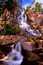 Early morning at lower Eagle Falls near Lake Tahoe, California. The waterfall ultimately flows into Emerald Bay on the western side of Lake Tahoe in the Sierra Nevada Mountains, California, USA. Augus...