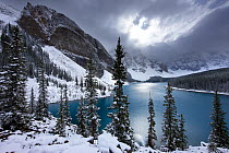 Morraine Lake, in the Valley of the Ten Peaks, after recent snowfall, Banff National Park, Alberta, Canada. October 2009