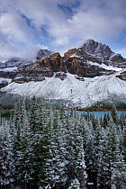 Mount Crowfoot and the Crowfoot Glacier above Bow Lake in the snow, Icefields Parkway, Banff National Park, Alberta, Canada. October 2009