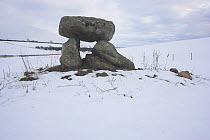 'Devils Den' in winter snow. The only dolmen / burial chamber in Wiltshire, England, UK, February 2009.