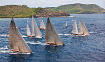 Fleet of classic yachts racing at the Panerai Antigua Classic Yacht Regatta, Caribbean, April 2010.